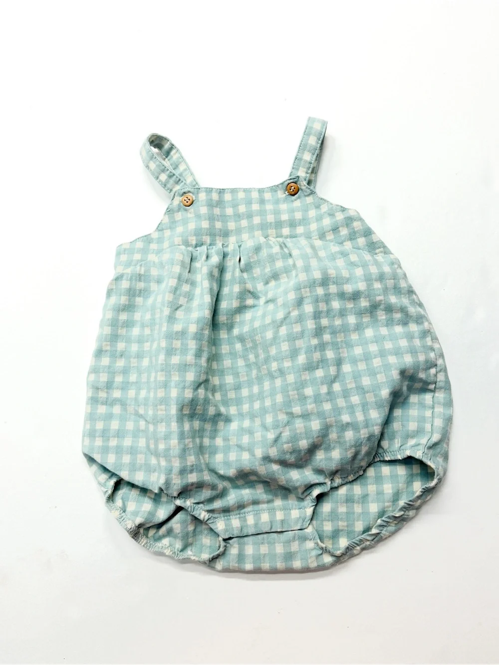 Zara Light Teal Blue Gingham One Piece Bubble Romper